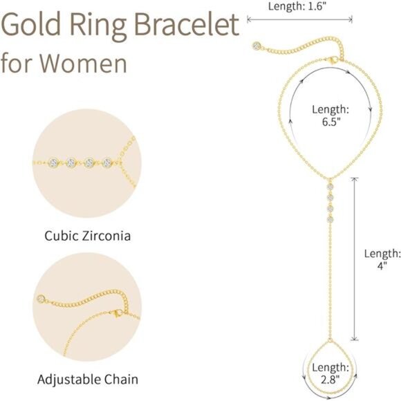 Women Gold Hand Chain Ring Bracelet14K Gold Plated Finger Ring Bracelet - Picture 6 of 7